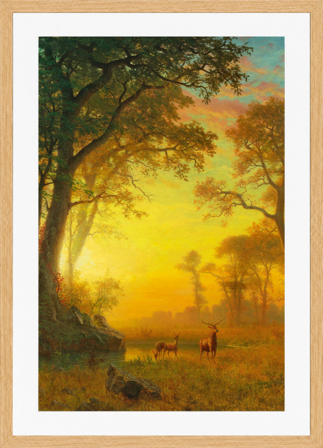 Albert Bierstadt Print, Albert Bierstadt - Light in the Forest in an oak frame