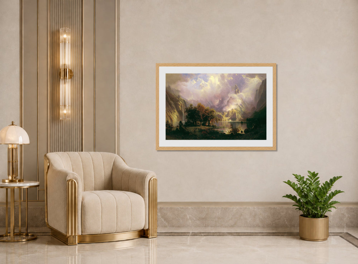Albert Bierstadt Print, Albert Bierstadt - Rocky Mountain Landscape - Google Art Project displayed in an Art Deco interior