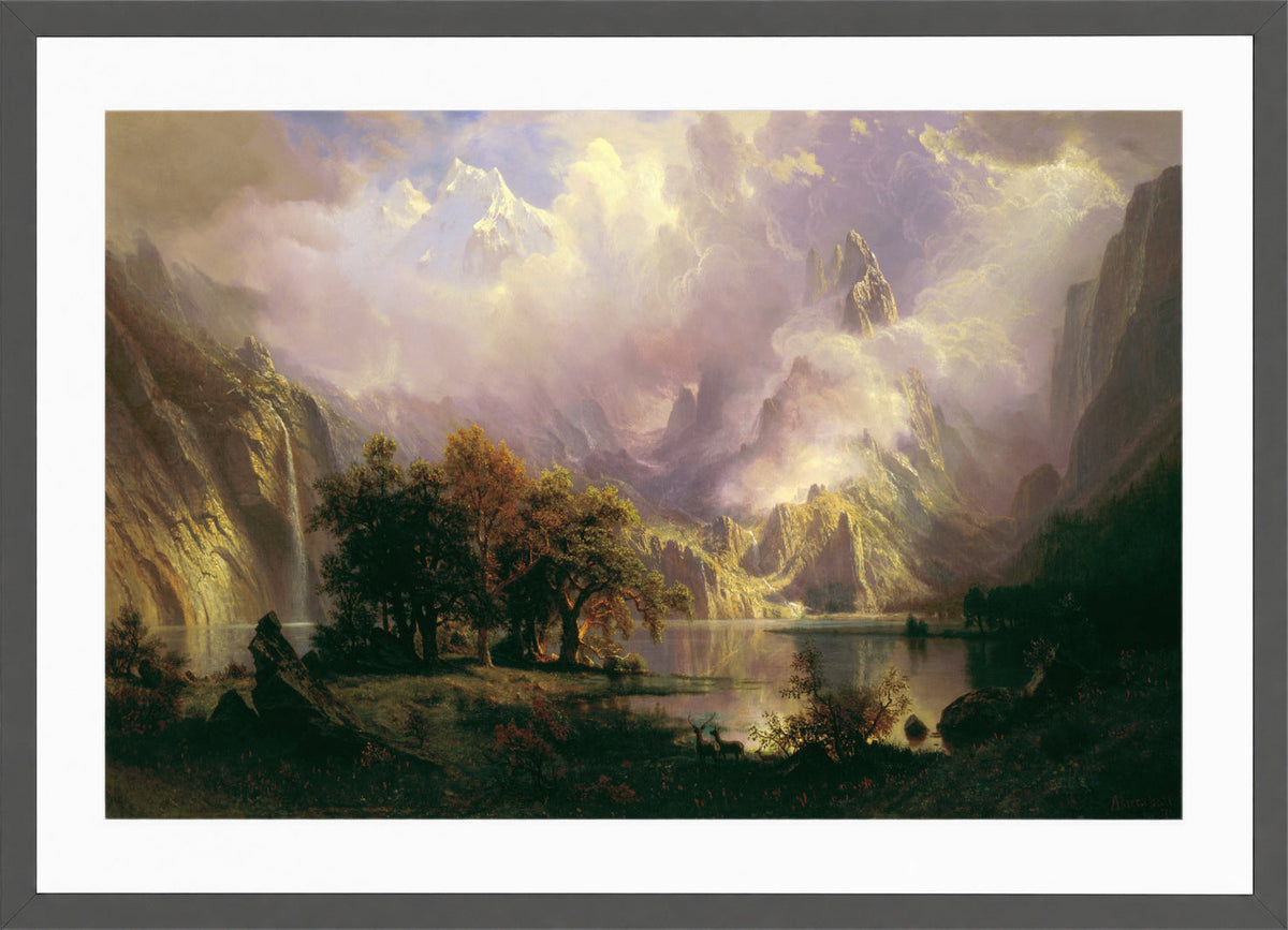 Albert Bierstadt Print, Albert Bierstadt - Rocky Mountain Landscape - Google Art Project in a dark grey frame