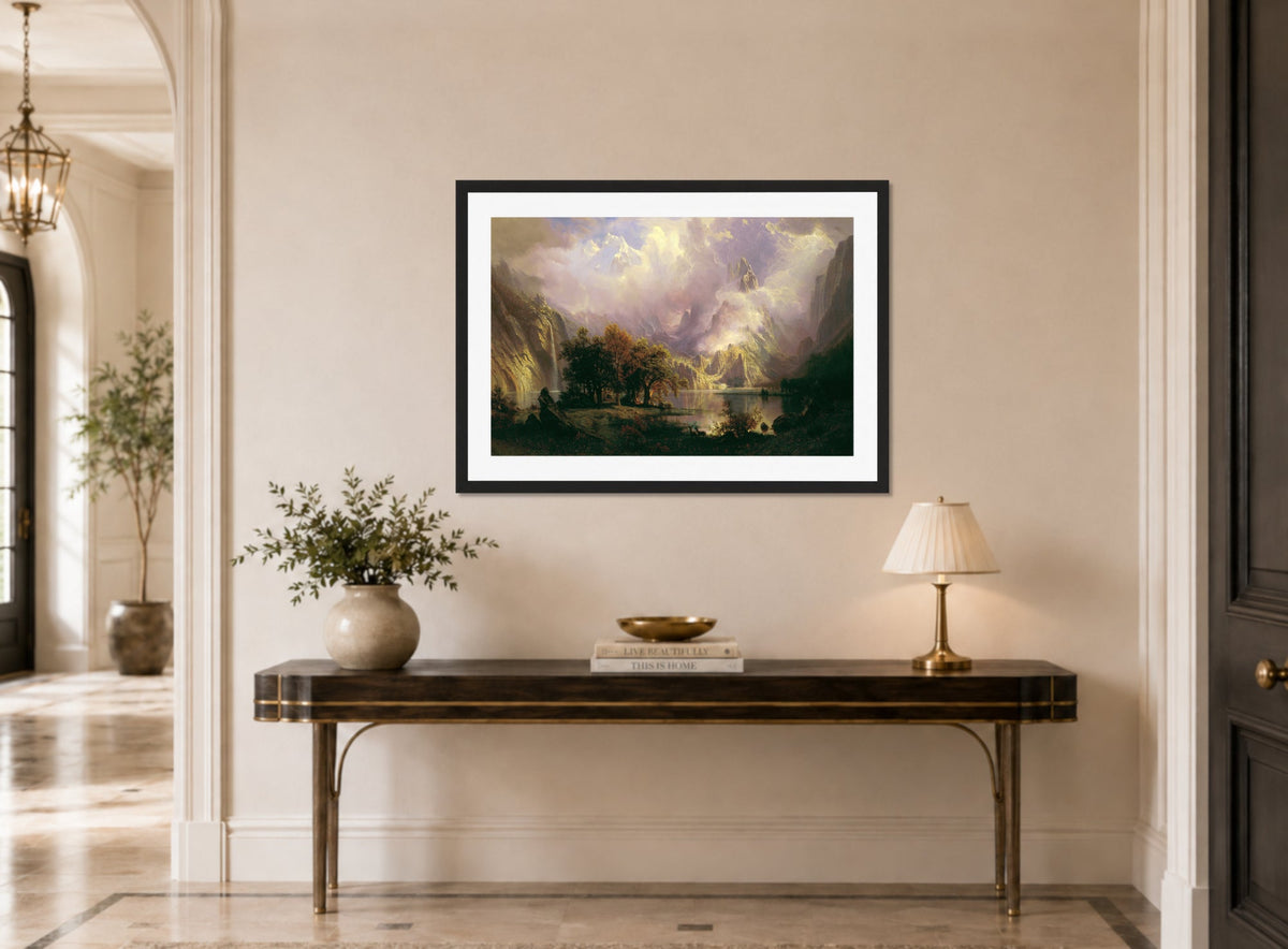Albert Bierstadt Print, Albert Bierstadt - Rocky Mountain Landscape - Google Art Project displayed above a console table