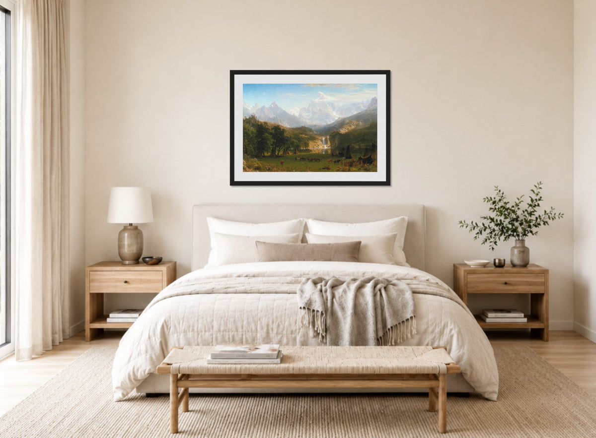 Albert Bierstadt Print, Albert Bierstadt - The Rocky Mountains, Lander's Peak displayed above a bed