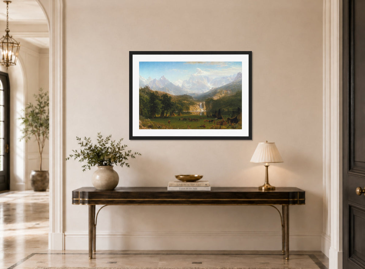 Albert Bierstadt Print, Albert Bierstadt - The Rocky Mountains, Lander's Peak displayed above a console table