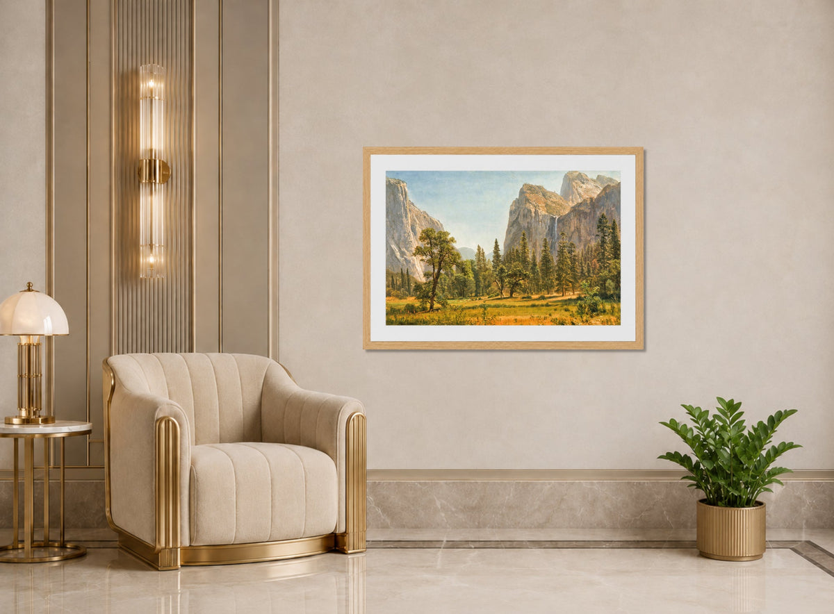 Albert Bierstadt Print, Bridal Veil Falls, Yosemite Valley, California (1871-1873) displayed in an Art Deco interior