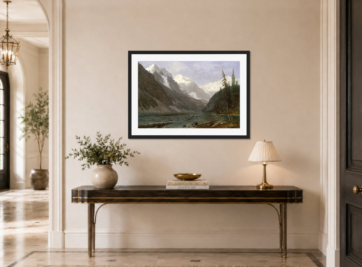 Albert Bierstadt Print, Canadian Rockies (Lake Louise) (ca. 1889) displayed above a console table