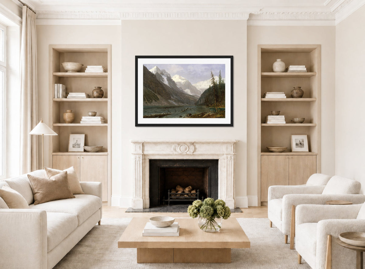 Albert Bierstadt Print, Canadian Rockies (Lake Louise) (ca. 1889) displayed in a Scandinavian living room