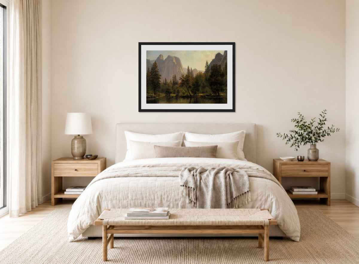 Albert Bierstadt Print, Cathedral Rocks, Yosemite Valley displayed above a bed