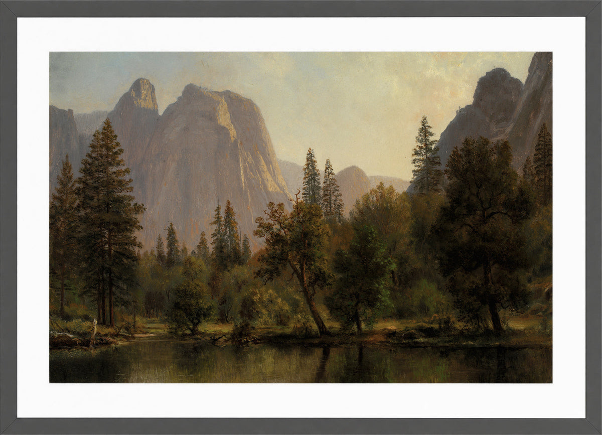 Albert Bierstadt Print, Cathedral Rocks, Yosemite Valley in a dark grey frame