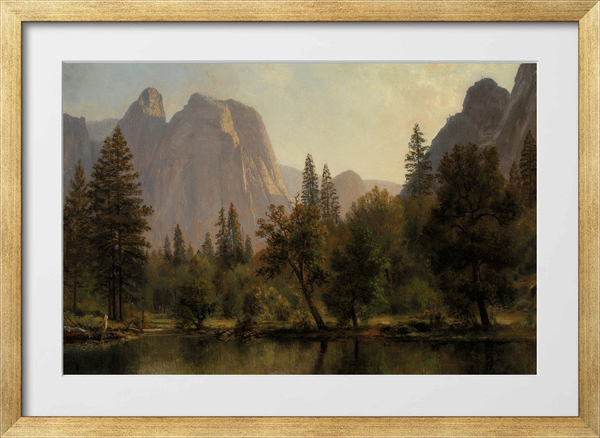 Albert Bierstadt Print, Cathedral Rocks, Yosemite Valley in a gold frame