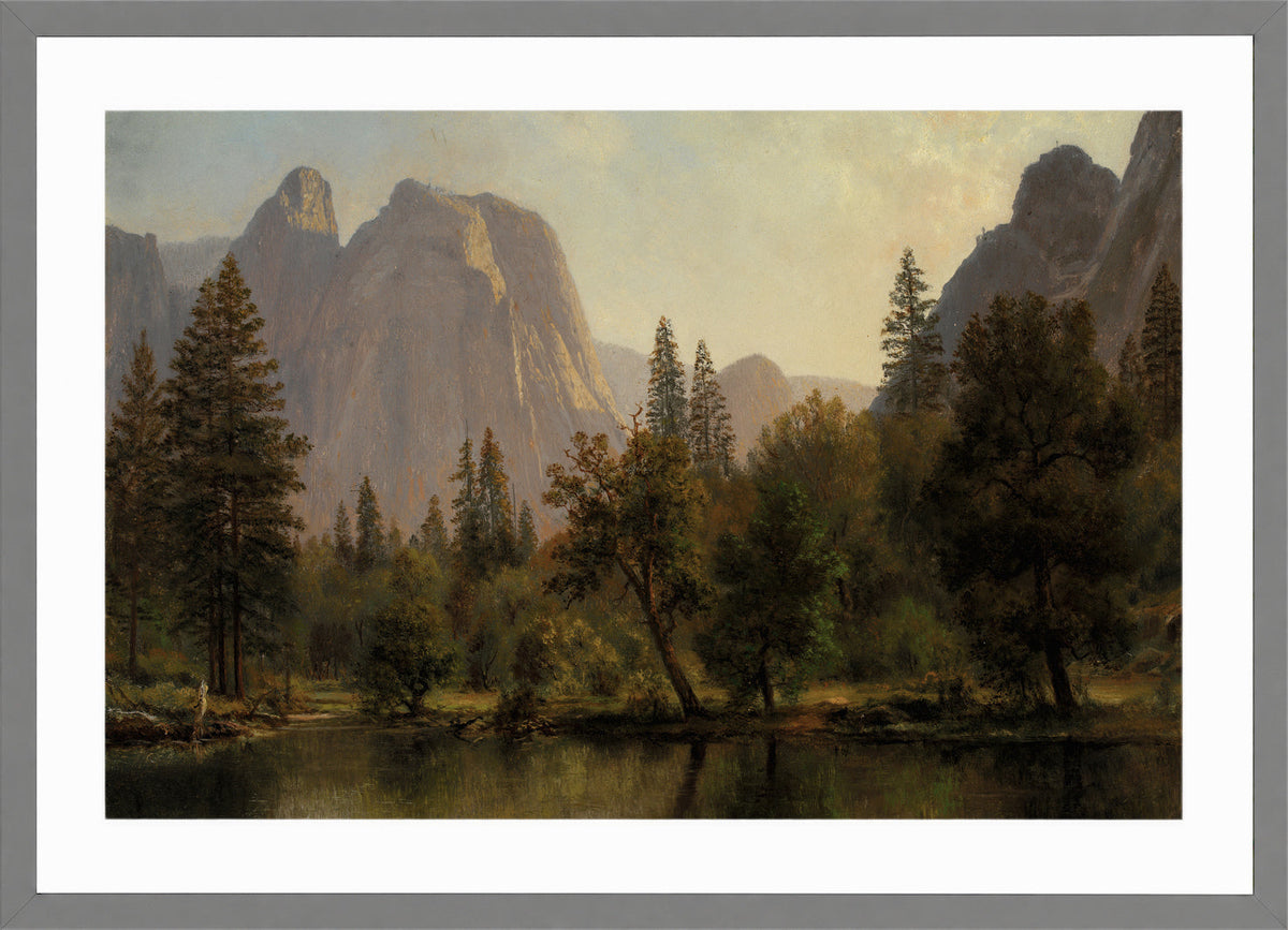 Albert Bierstadt Print, Cathedral Rocks, Yosemite Valley in a light grey frame