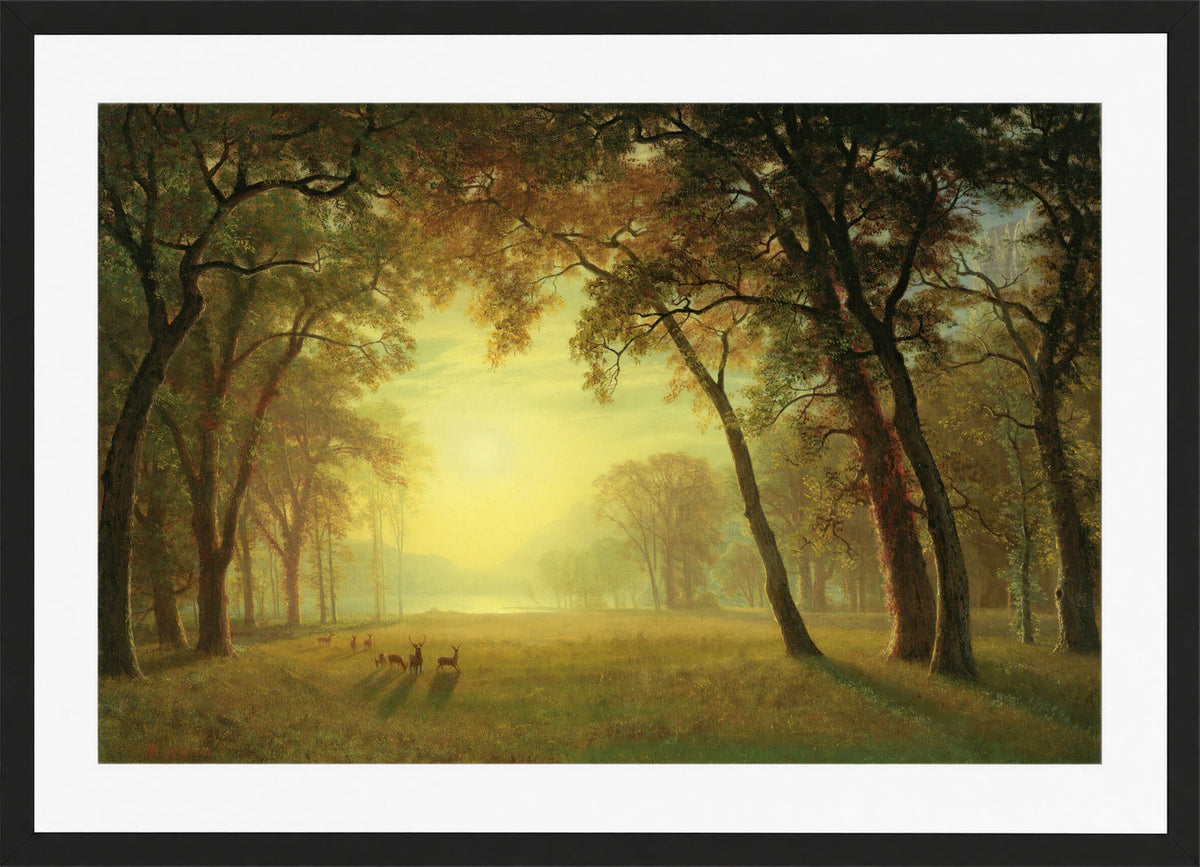 Albert Bierstadt Print, Deer in a clearing, yosemite in a black frame
