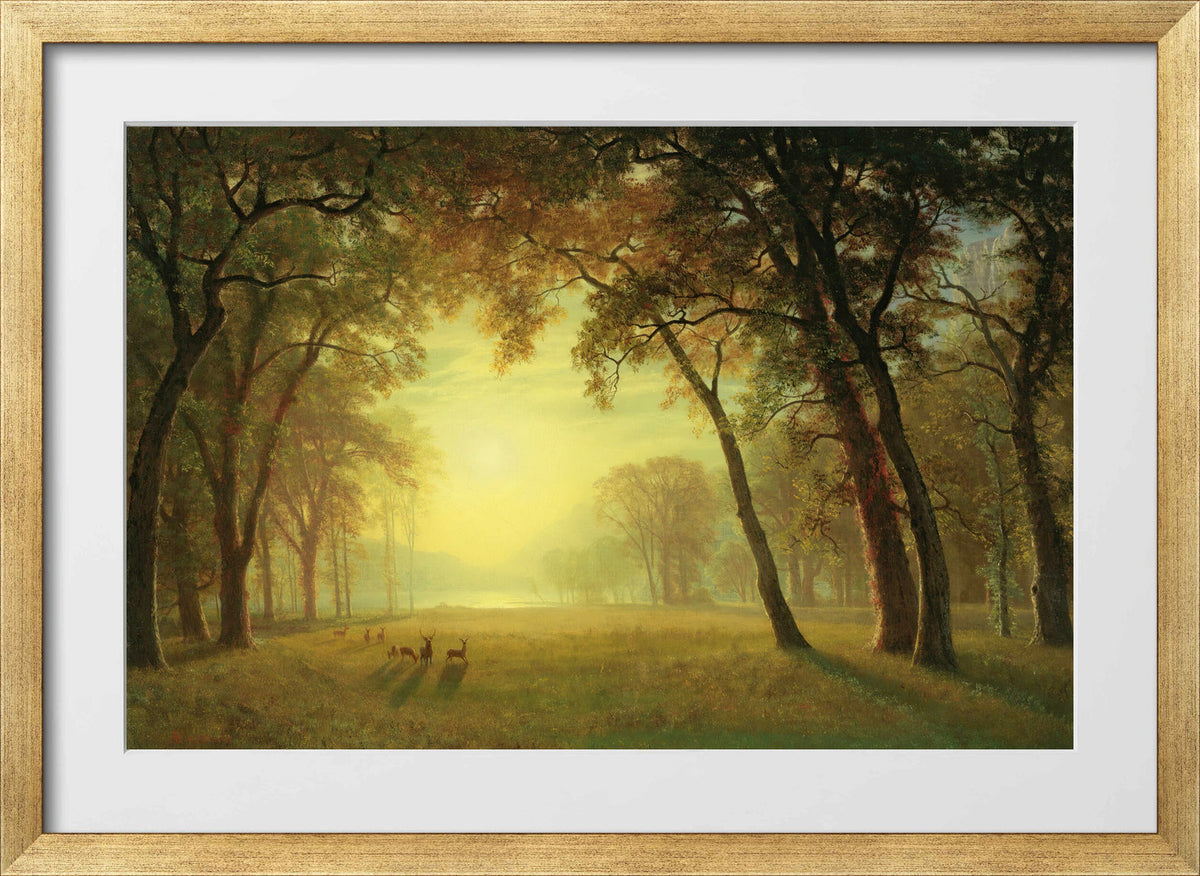 Albert Bierstadt Print, Deer in a clearing, yosemite in a gold frame