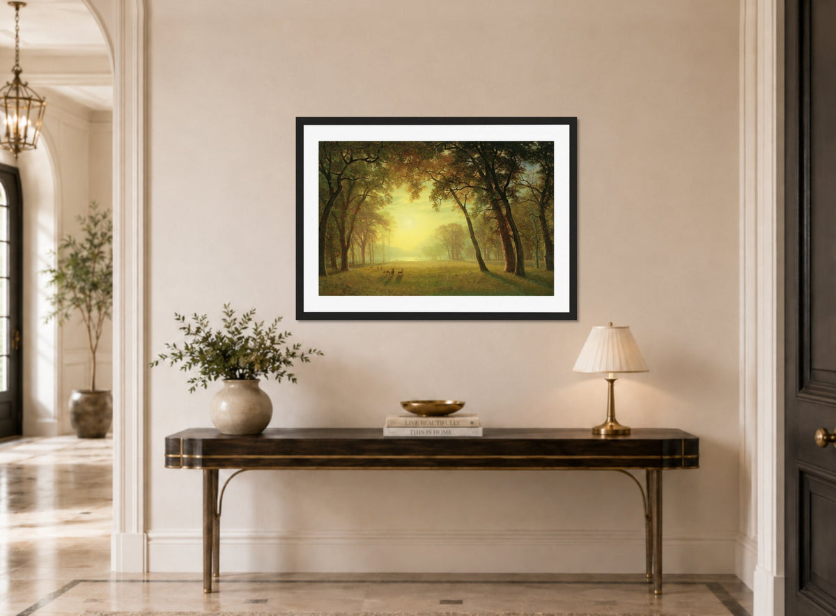 Albert Bierstadt Print, Deer in a clearing, yosemite displayed above a console table