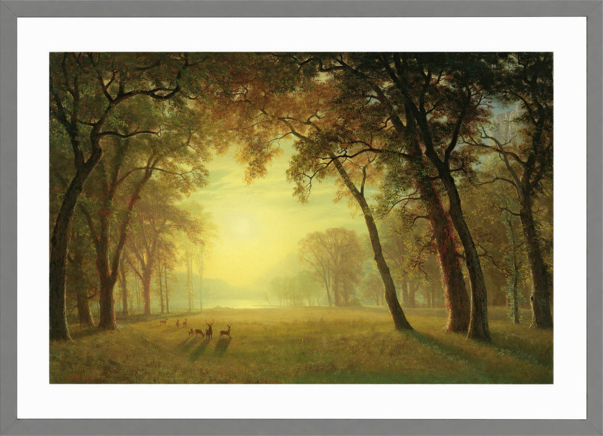 Albert Bierstadt Print, Deer in a clearing, yosemite in a light grey frame