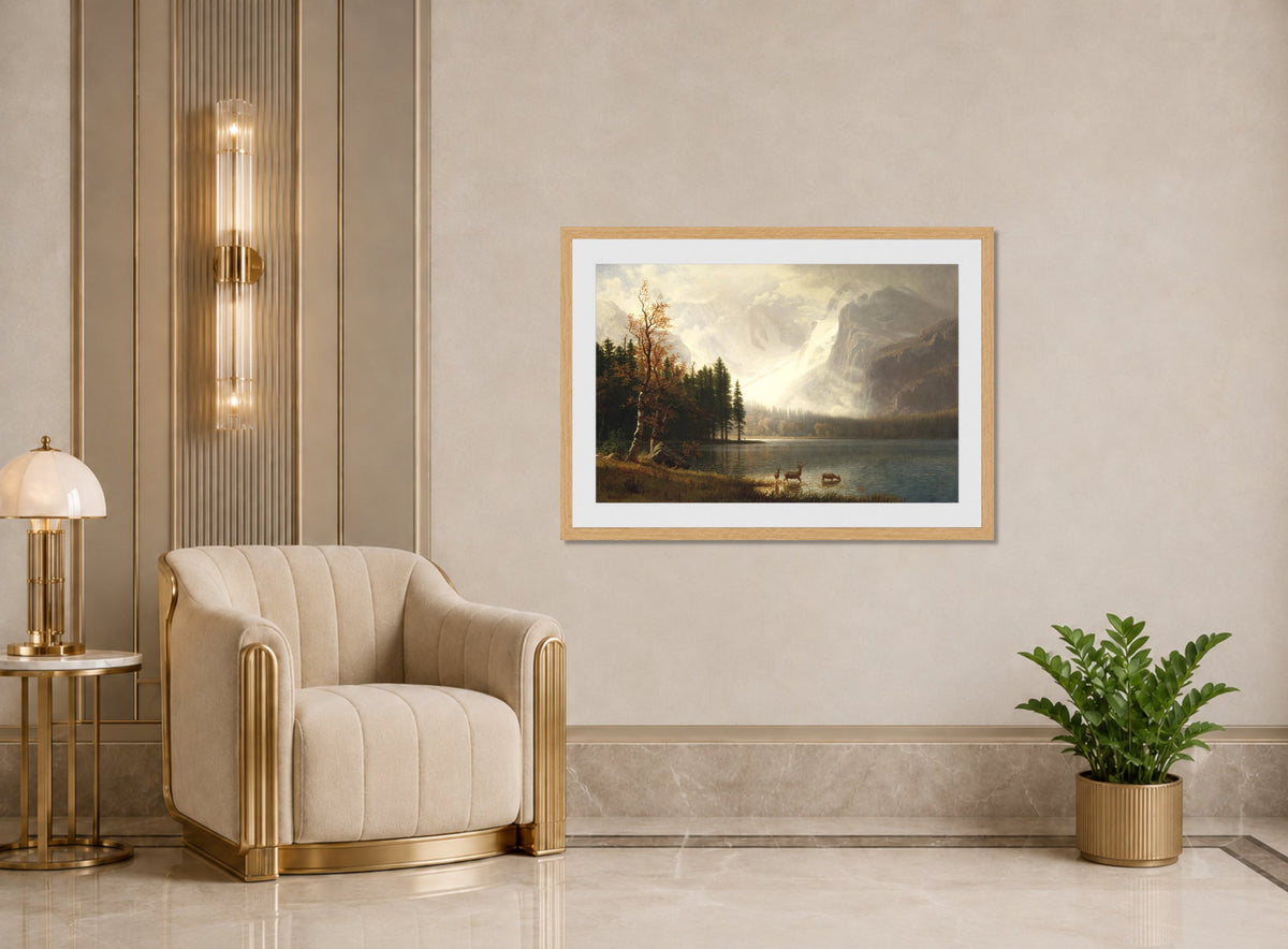 Albert Bierstadt Print, Estes Park, Colorado, Whyte’s Lake (circa 1877) displayed in an Art Deco interior