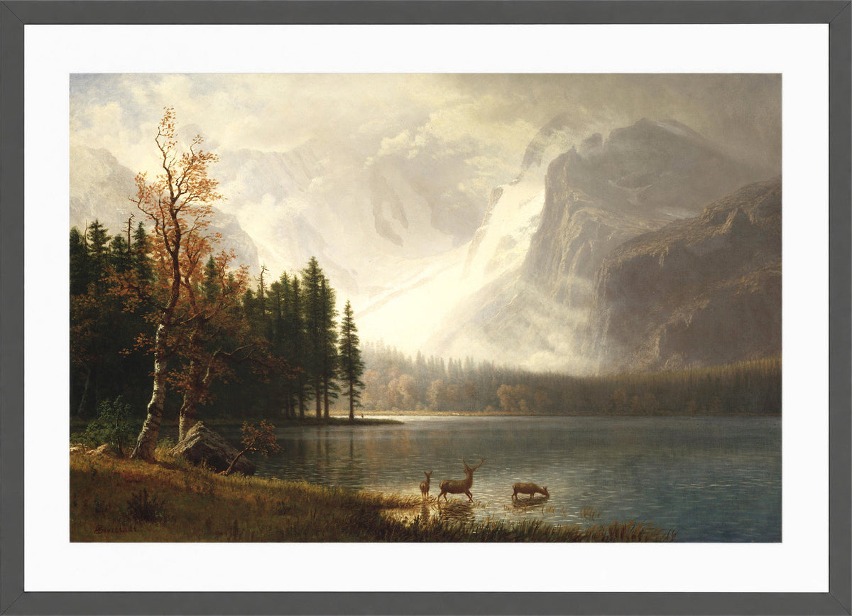 Albert Bierstadt Print, Estes Park, Colorado, Whyte’s Lake (circa 1877) in a dark grey frame
