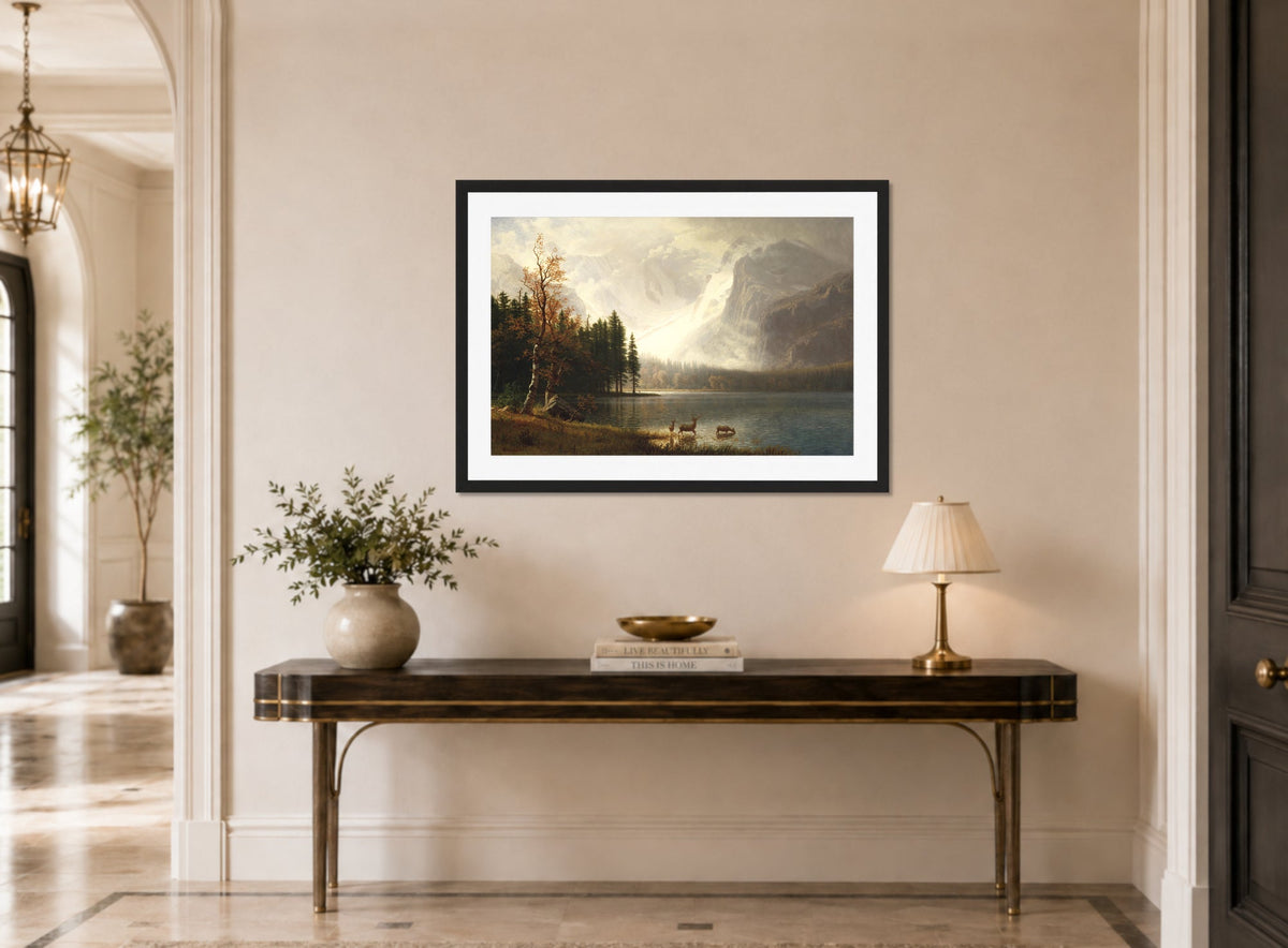 Albert Bierstadt Print, Estes Park, Colorado, Whyte’s Lake (circa 1877) displayed above a console table