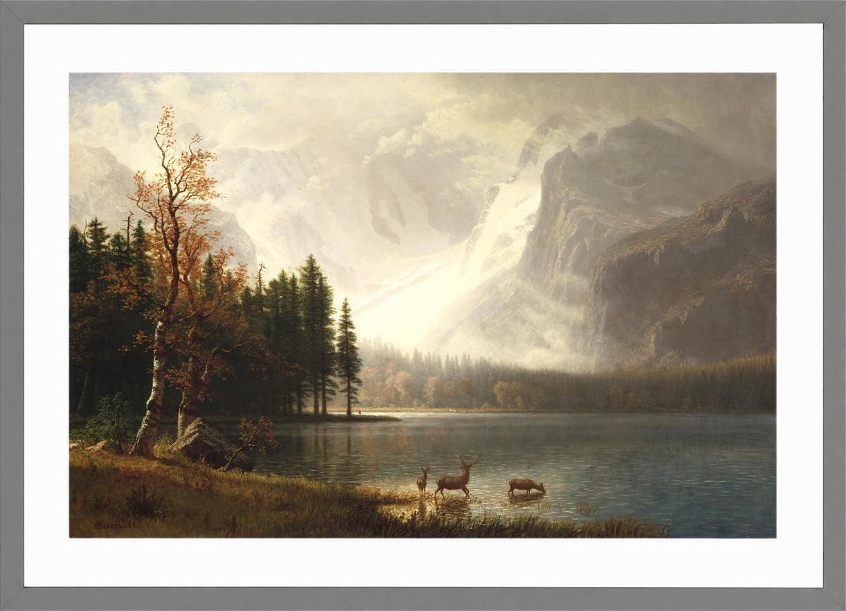 Albert Bierstadt Print, Estes Park, Colorado, Whyte’s Lake (circa 1877) in a light grey frame