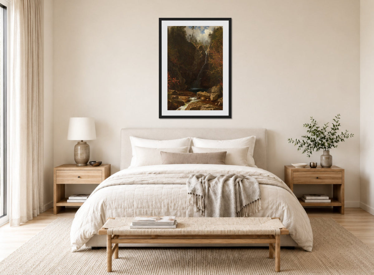 Albert Bierstadt Print, Glen Ellis Falls displayed above a bed