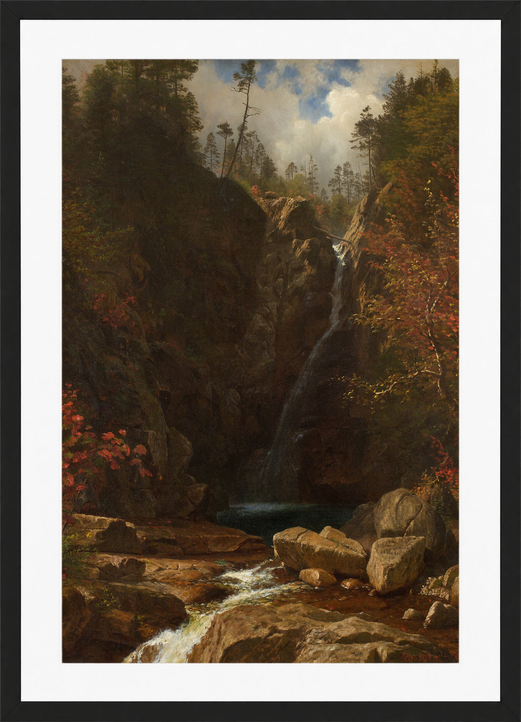 Albert Bierstadt Print, Glen Ellis Falls in a black frame