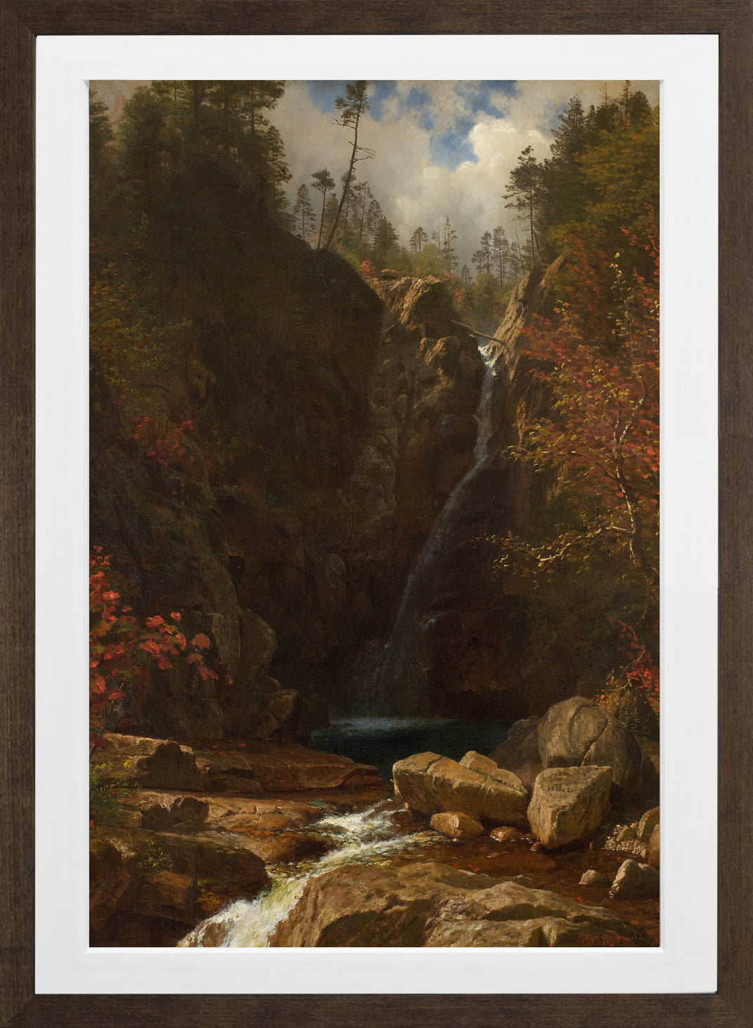 Albert Bierstadt Print, Glen Ellis Falls in a brown frame