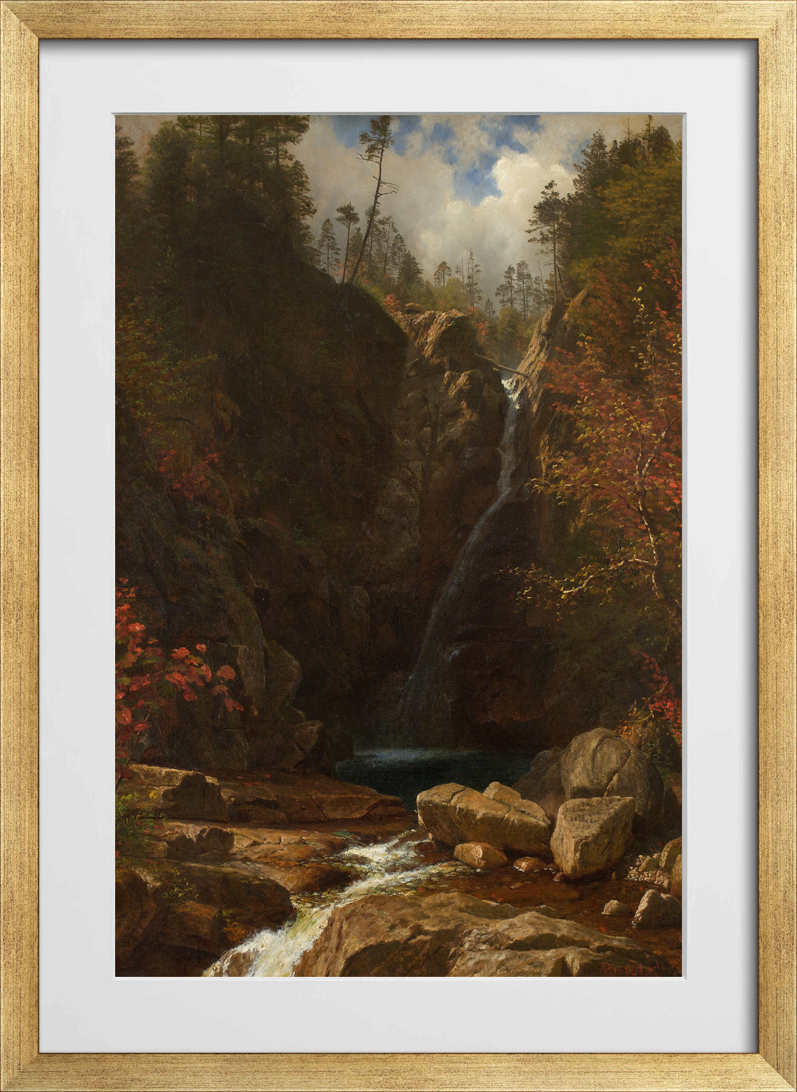 Albert Bierstadt Print, Glen Ellis Falls in a gold frame