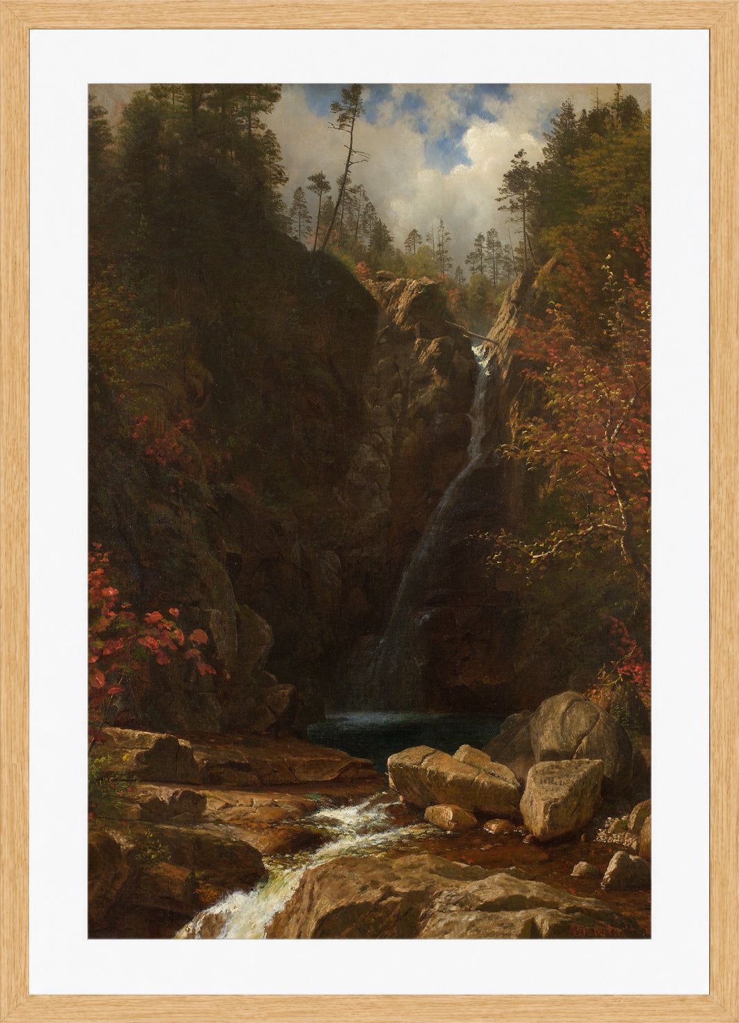 Albert Bierstadt Print, Glen Ellis Falls in an oak frame
