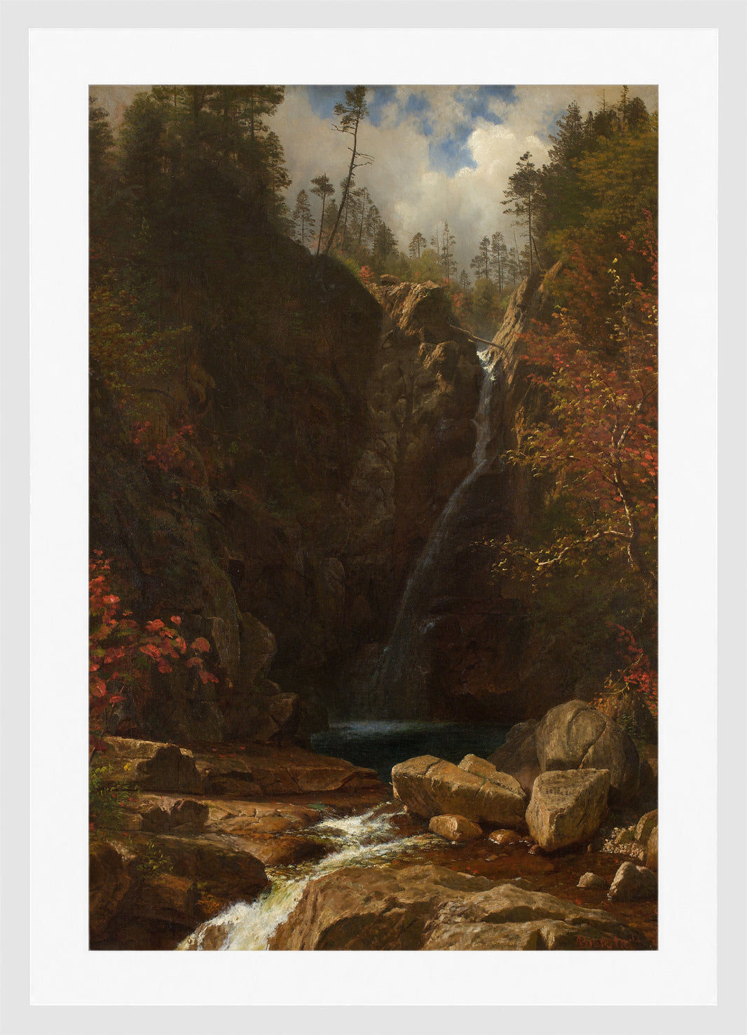 Albert Bierstadt Print, Glen Ellis Falls in a white frame