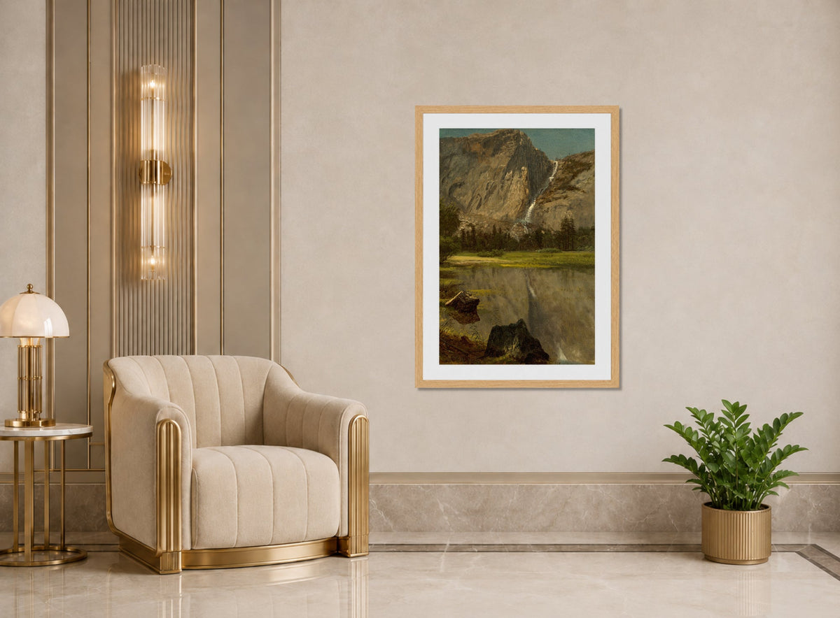 Albert Bierstadt Print, Hetch Hetchy Falls,California displayed in an Art Deco interior