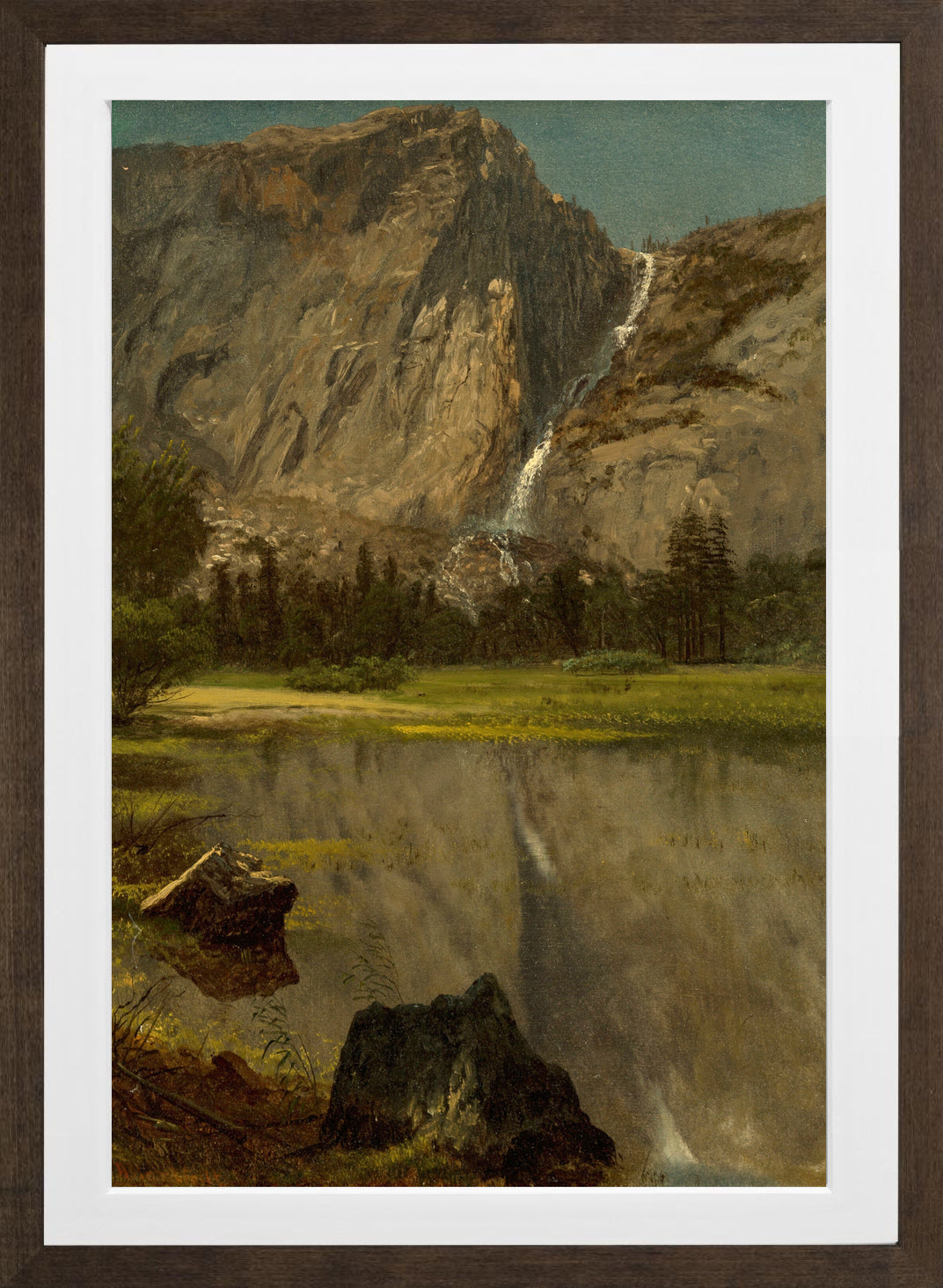 Albert Bierstadt Print, Hetch Hetchy Falls,California in a brown frame