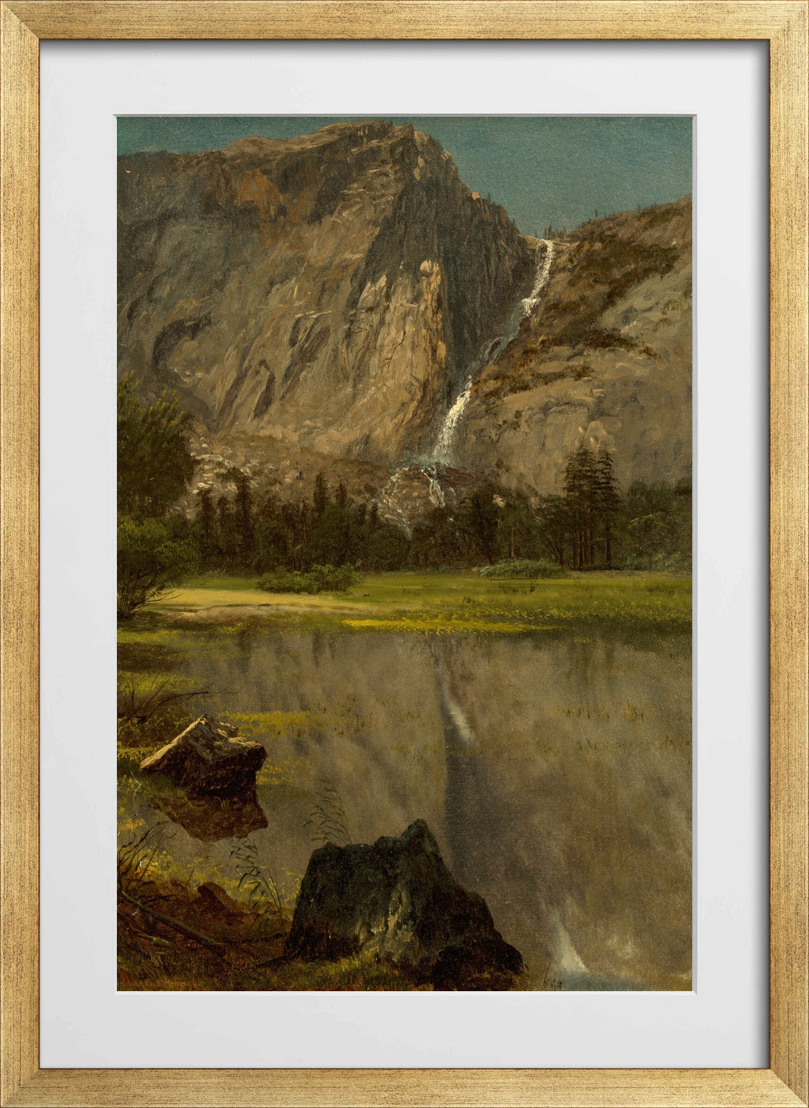 Albert Bierstadt Print, Hetch Hetchy Falls,California in a gold frame