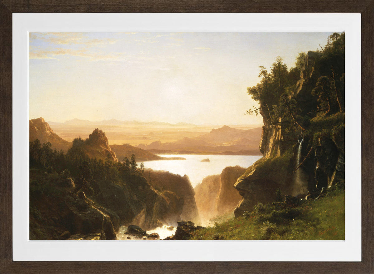 Albert Bierstadt Print, Island Lake, Wind River Range, Wyoming (1861) in a brown frame