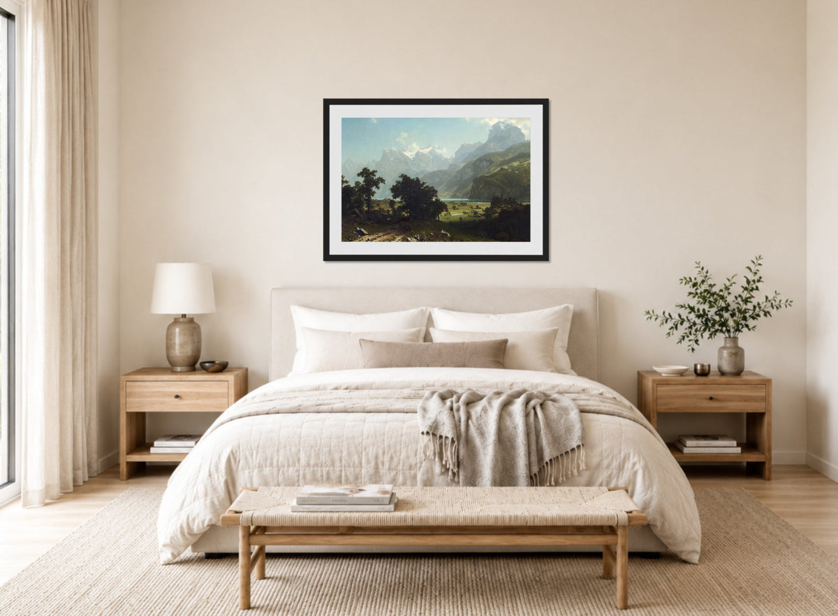Albert Bierstadt Print, Lake Lucerne displayed above a bed