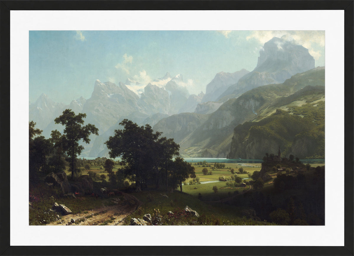 Albert Bierstadt Print, Lake Lucerne in a black frame