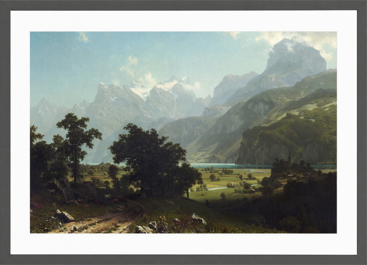 Albert Bierstadt Print, Lake Lucerne in a dark grey frame