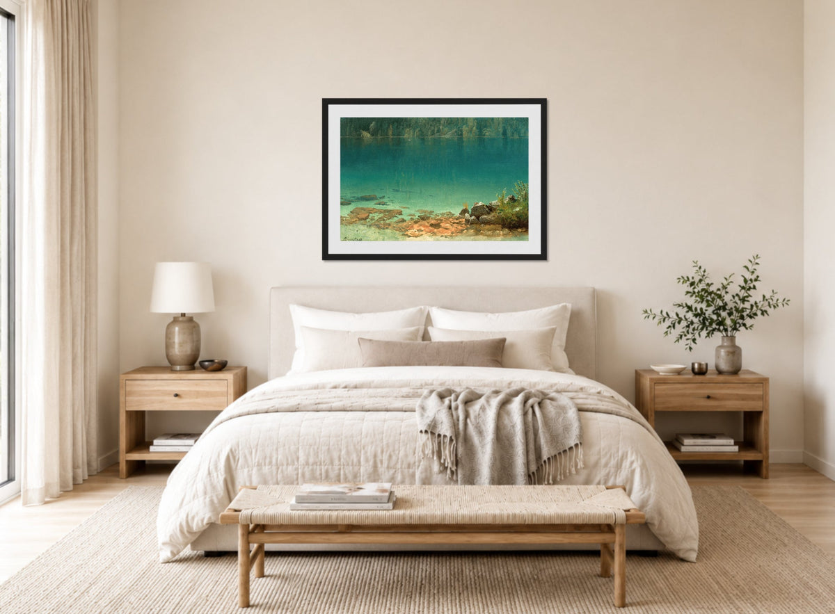 Albert Bierstadt Print, Lake Scene displayed above a bed