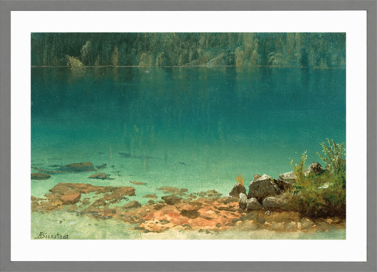Albert Bierstadt Print, Lake Scene in a light grey frame