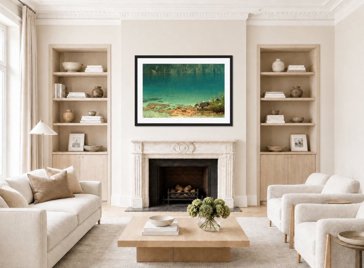 Albert Bierstadt Print, Lake Scene displayed in a Scandinavian living room