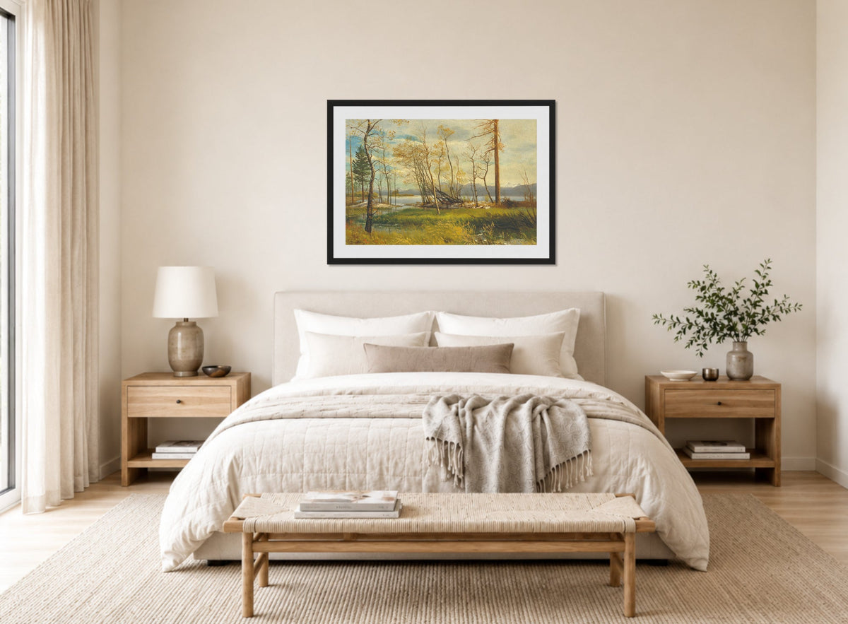Albert Bierstadt Print, Lake Tahoe (1872) displayed above a bed