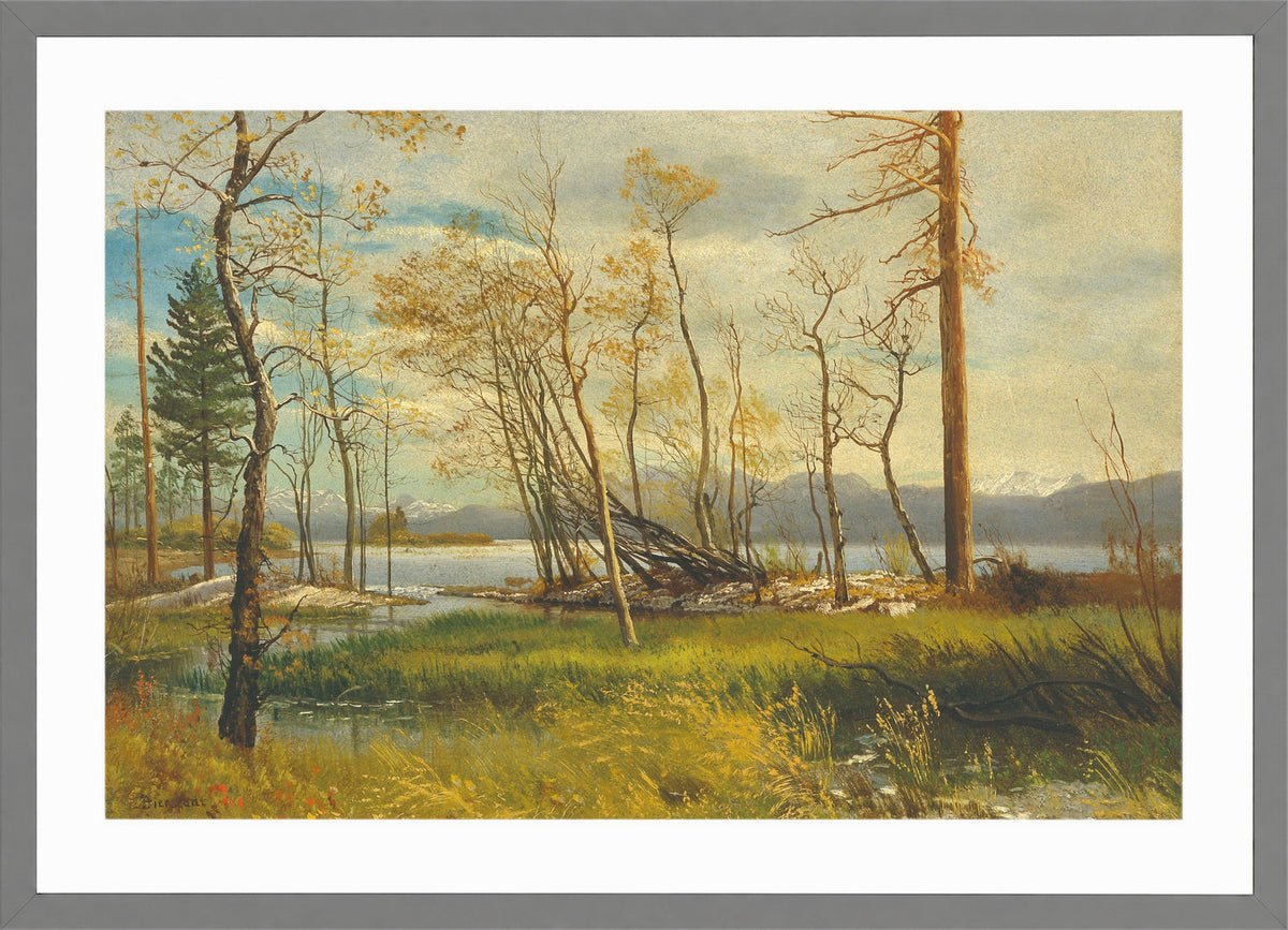 Albert Bierstadt Print, Lake Tahoe (1872) in a light grey frame
