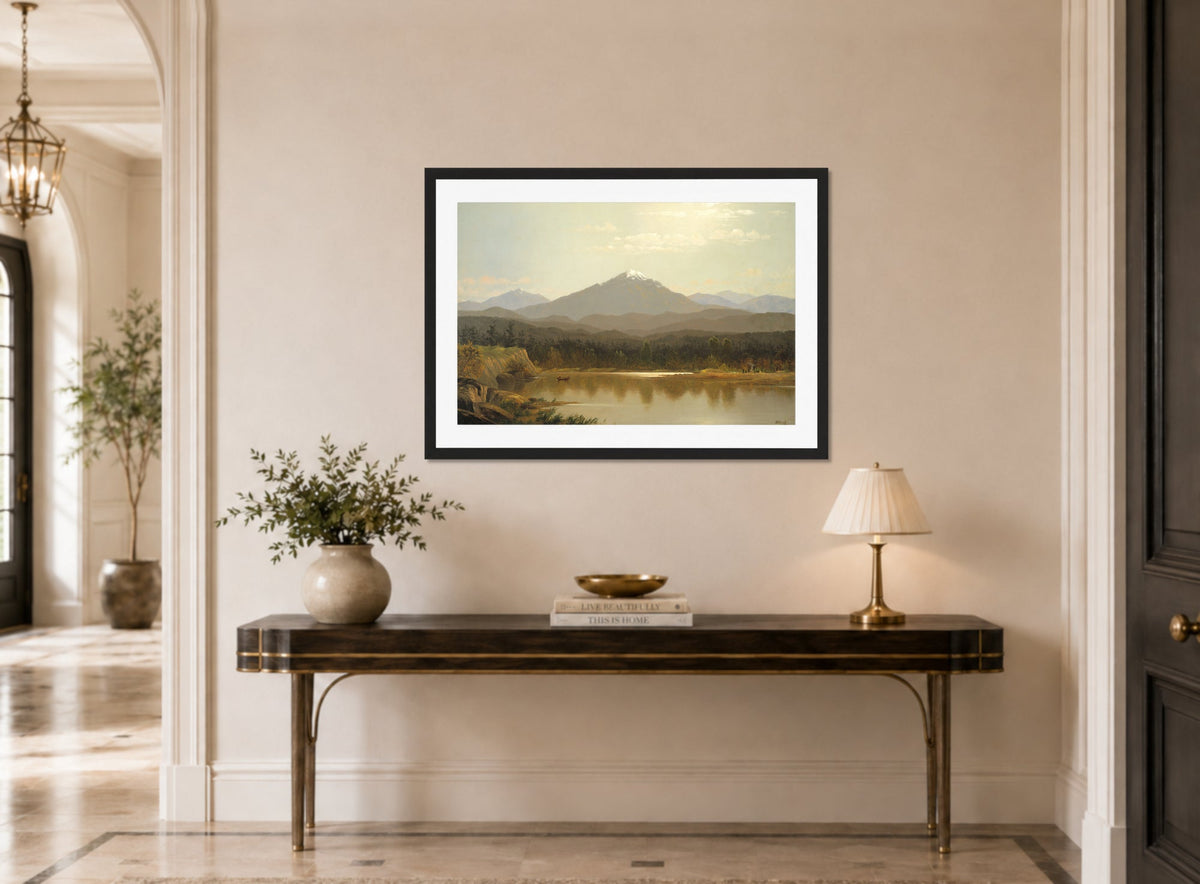 Albert Bierstadt Print, Laramie Peak (1870) displayed above a console table