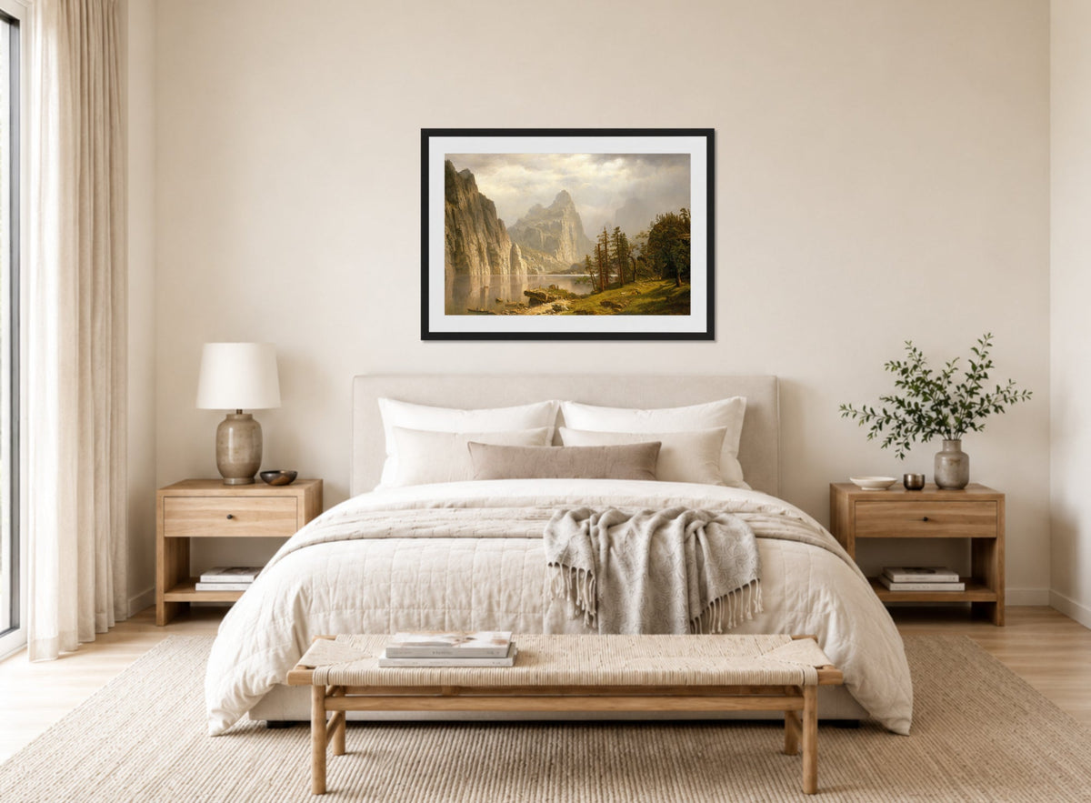 Albert Bierstadt Print, Merced River, Yosemite Valley displayed above a bed
