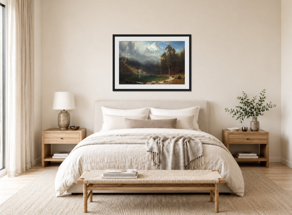 Albert Bierstadt Print, Mount Corcoran displayed above a bed