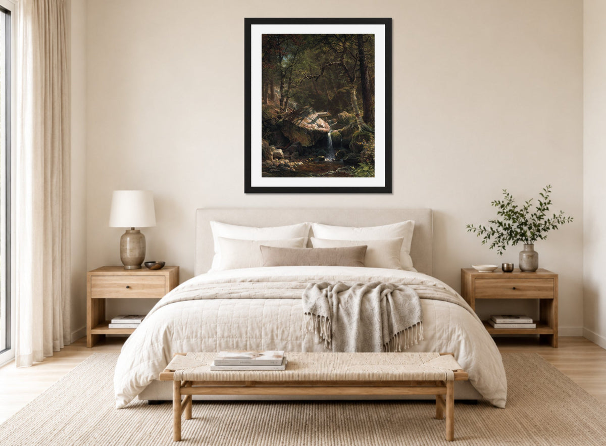 Albert Bierstadt Print, Mountain Brook displayed above a bed