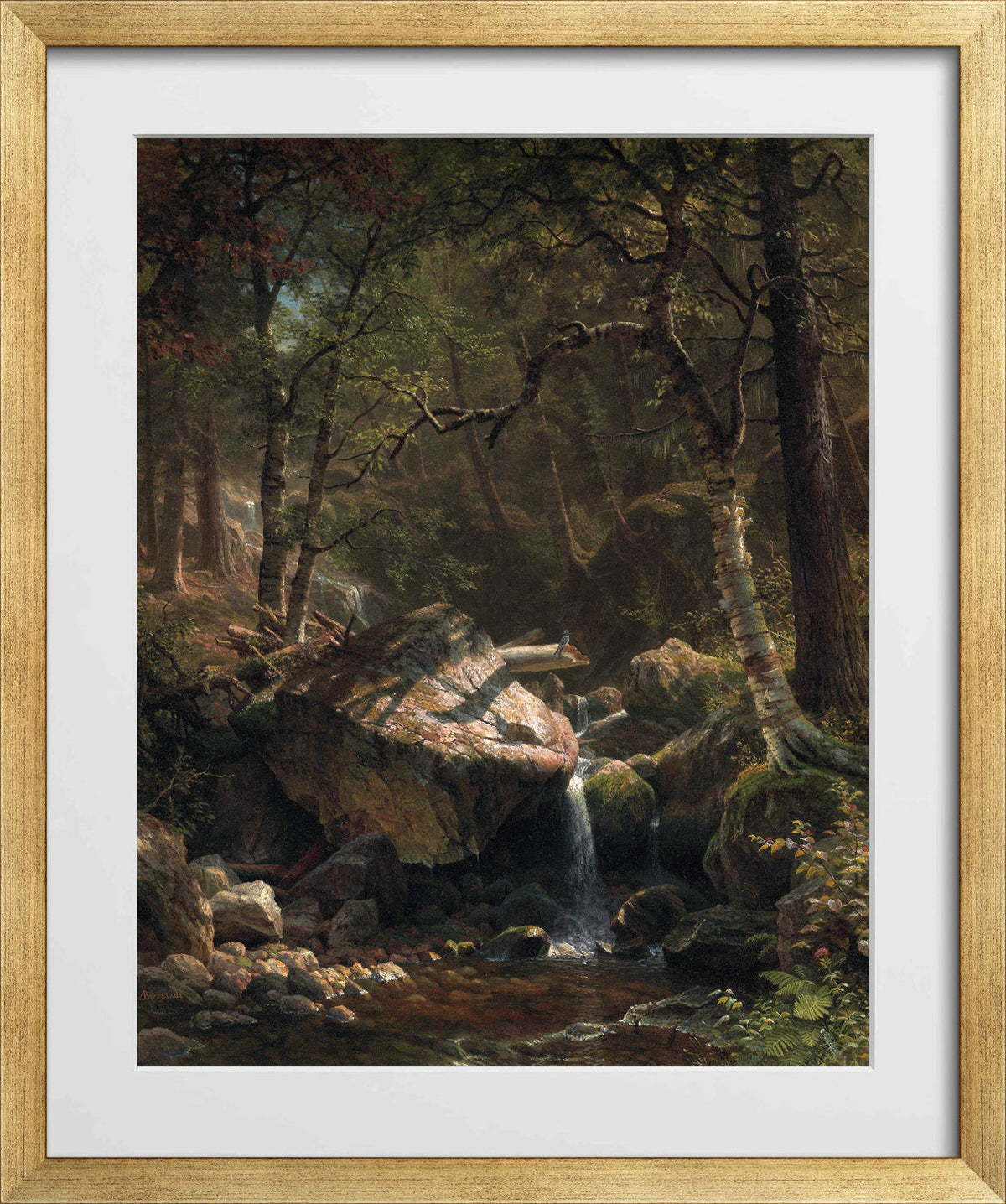 Albert Bierstadt Print, Mountain Brook in a gold frame