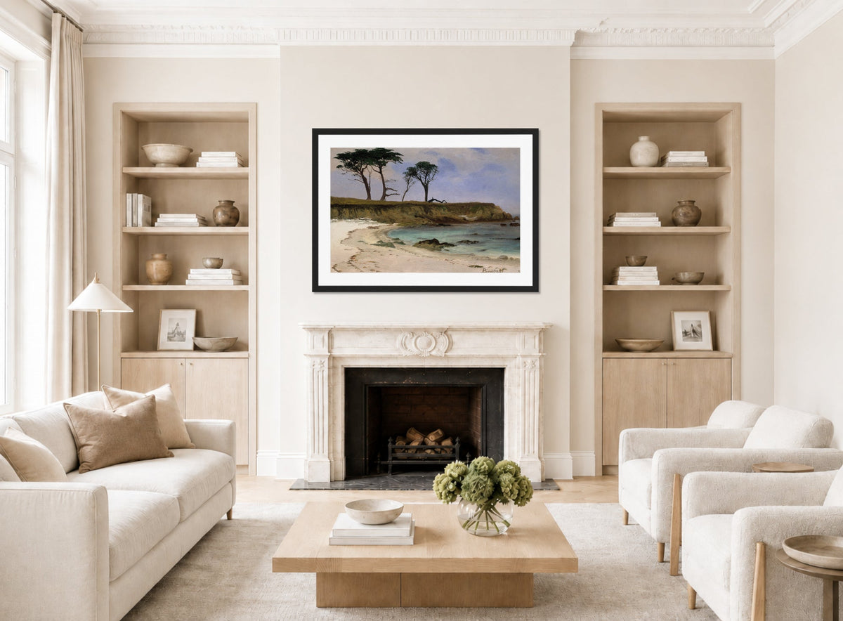 Albert Bierstadt Print, Sea Cove displayed in a Scandinavian living room