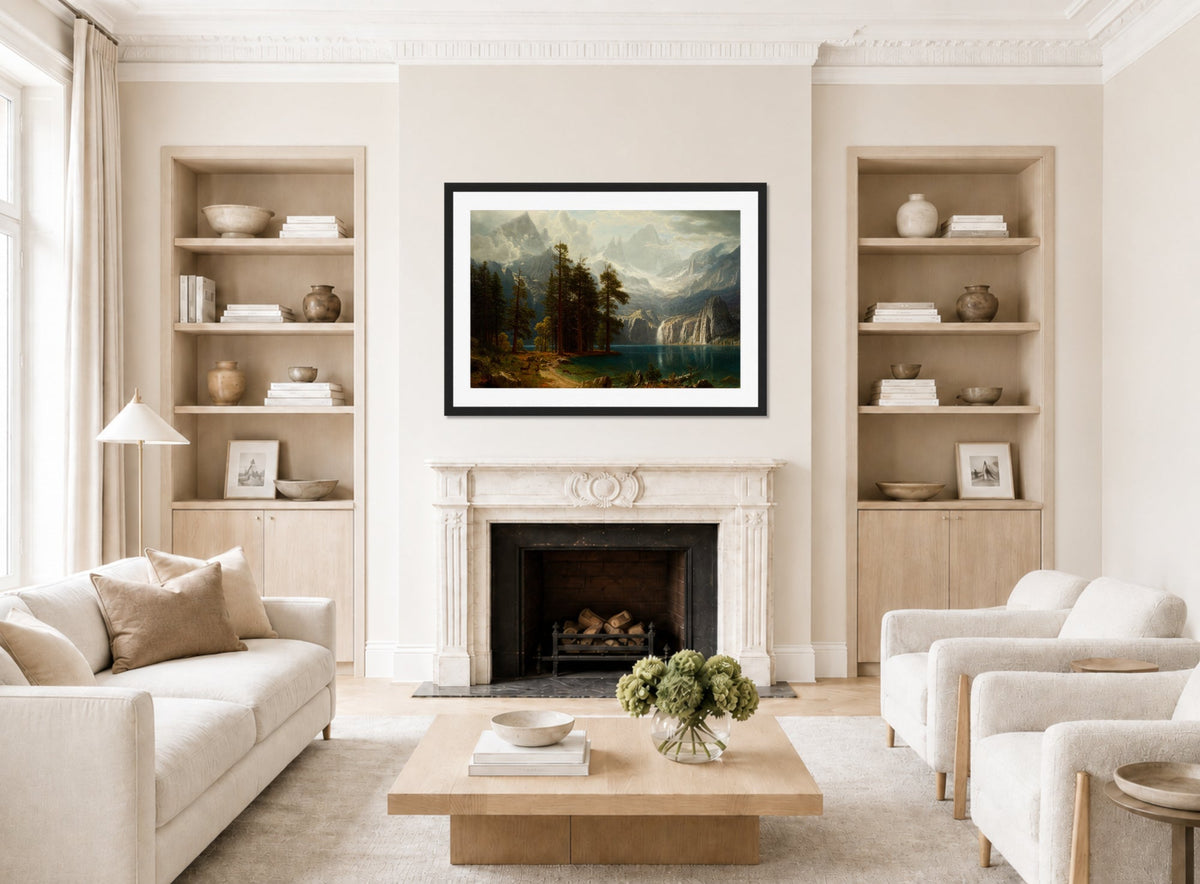 Albert Bierstadt Print, Sierra Nevada Albert Bierstadt circa 1871 displayed in a Scandinavian living room
