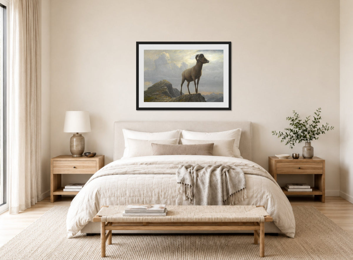 Albert Bierstadt Print, Study Of A Bighorn Ram displayed above a bed