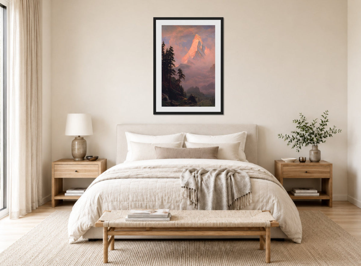 Albert Bierstadt Print, Sunrise on the Matterhorn displayed above a bed