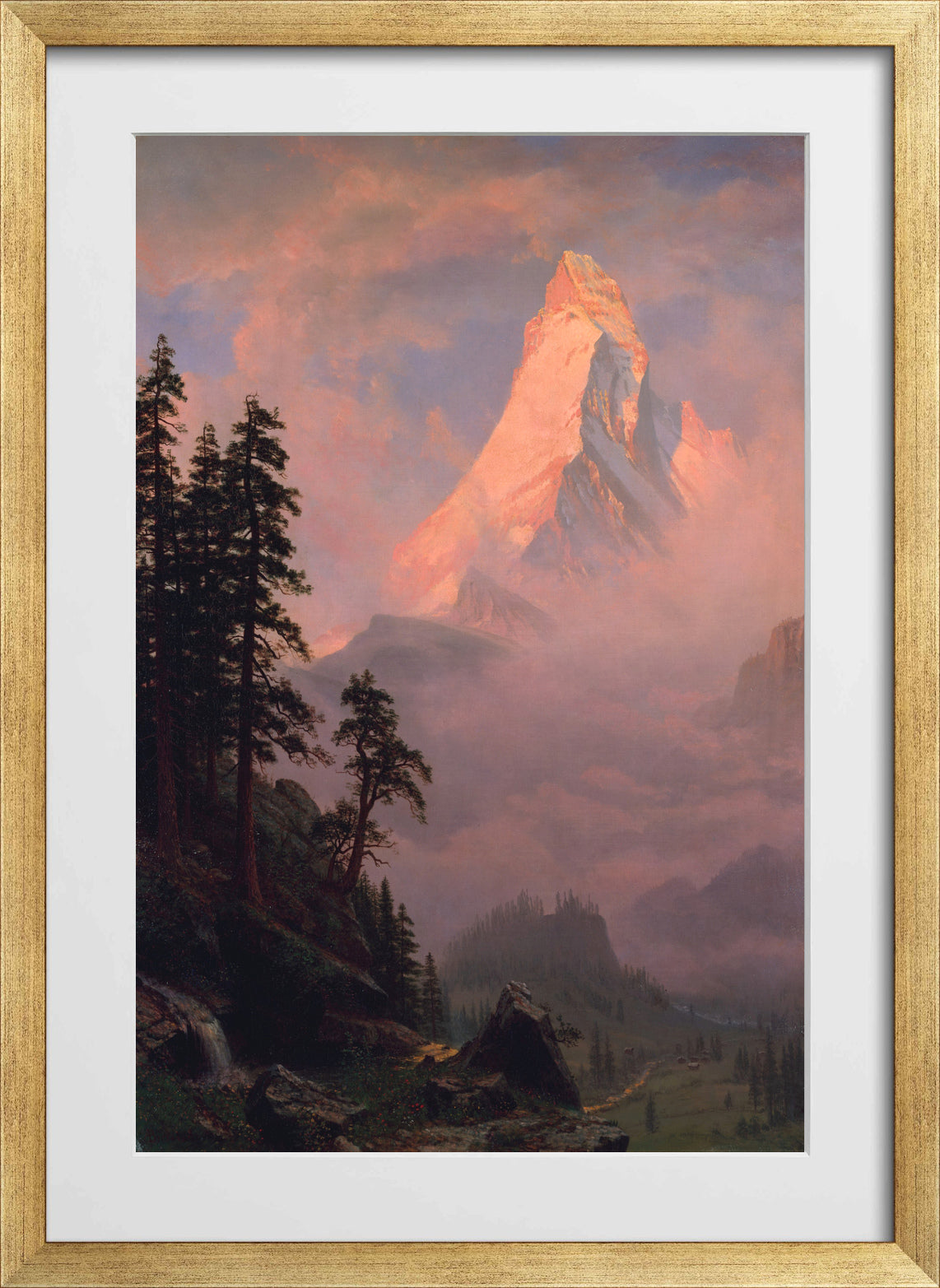 Albert Bierstadt Print, Sunrise on the Matterhorn in a gold frame