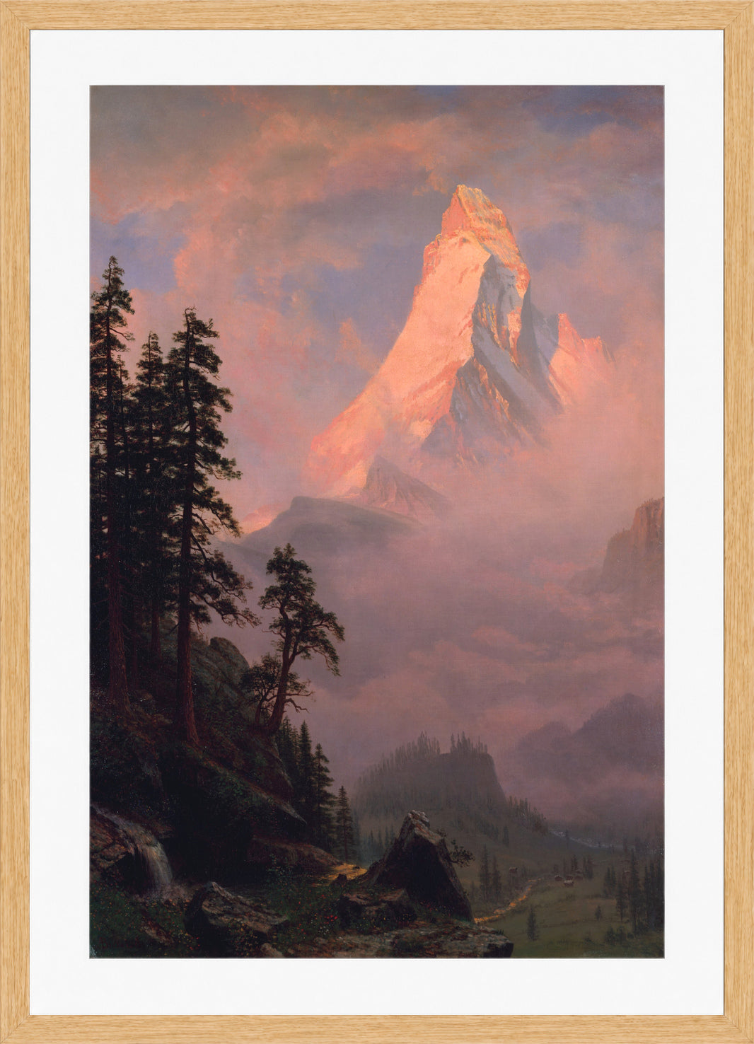 Albert Bierstadt Print, Sunrise on the Matterhorn in an oak frame